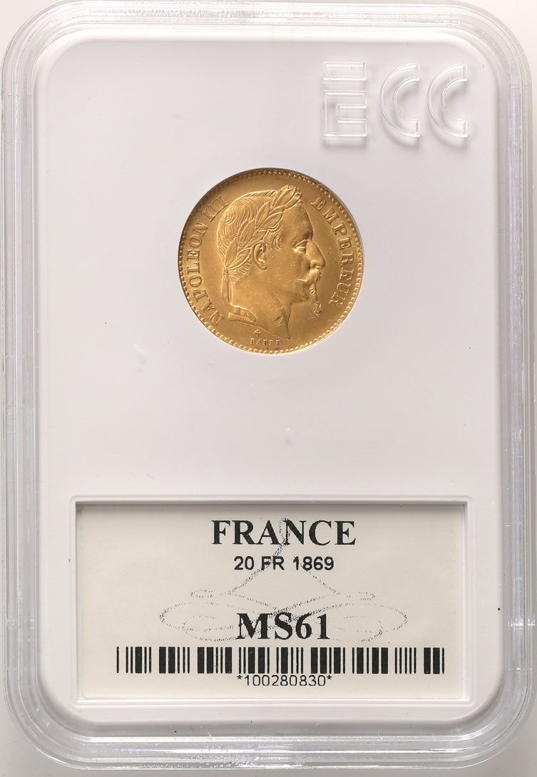 Francja. Napoleon III 20 franków 1869 BB Strasbourg GCN MS61